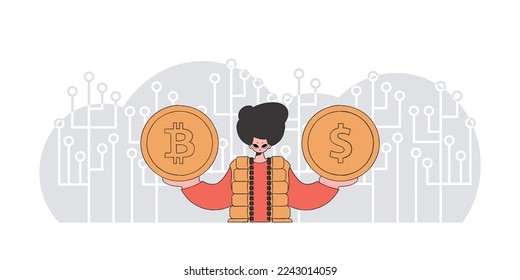 Hombre sosteniendo el dólar y la moneda de bitcoin. Tema de la interacción con los activos monetarios digitales.