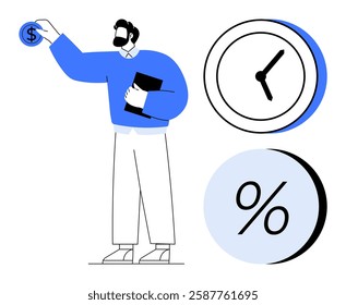 Man holding dollar coin and clipboard, standing near clock and percentage sign. Ideal for financial advice, investments, time management, savings, loans, business planning, economic analysis. Line