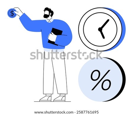 Man holding dollar coin and clipboard, standing near clock and percentage sign. Ideal for financial advice, investments, time management, savings, loans, business planning, economic analysis. Line