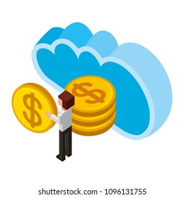 man holding dollar coin and cloud computing storage money isometric