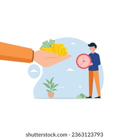 Man holding dollar coin to pay for job. Concept of exchanging time for money and getting salary for work vector illustration