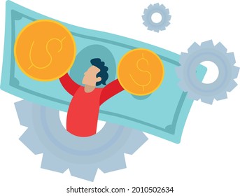 man holding dollar coins near gears as a symbol of work business and income concept