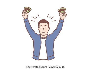 man holding dollars or lottery very happy and excited, winner. Hand drawn style vector design illustrations.