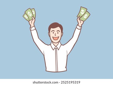 man holding dollars or lottery very happy and excited, winner. Hand drawn style vector design illustrations.