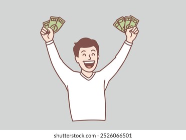 man holding dollars or lottery very happy and excited, winner. Hand drawn style vector design illustrations.