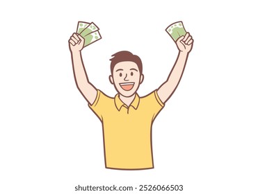 man holding dollars or lottery very happy and excited, winner. Hand drawn style vector design illustrations.