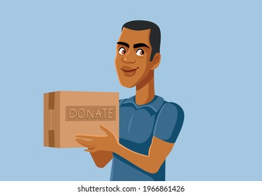 Man Holding Donation Box Vector Illustration. Volunteer in humanitarian cause collecting altruist supporting aid doing community service and philanthropic gesture

