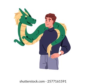 Man holding dragon puppet on hand, shoulder. Puppetry theater actor with fairytale legend character, doll, toy on arm, performing show. Flat vector illustration isolated on white background