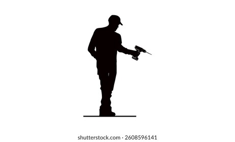 man holding drill, black isolated silhouette