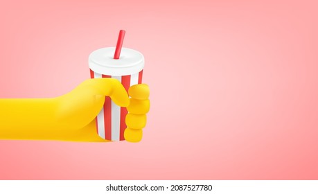 Man holding a drink in a hand. 3d style vector banner with copy space