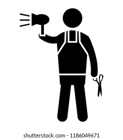 A man holding dry machine and scissor is characterizing a hair stylist 