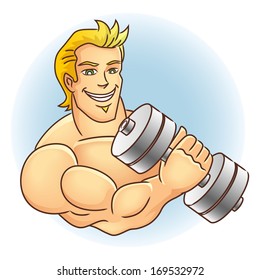 Man Holding Dumb Bell. Muscular arm. Vector illustration.