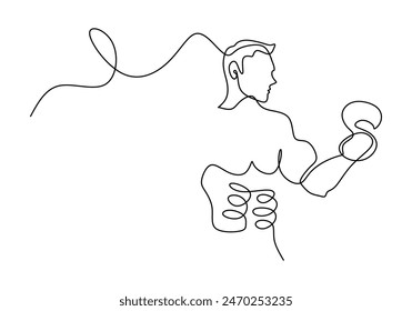 Hombre sosteniendo mancuerna dibujo de línea continua. Concepto de fitness y gimnasio. Ilustración vectorial diseño minimalista dibujado a mano.