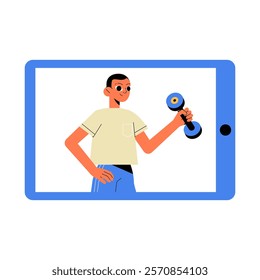 Man Holding Dumbbell In Virtual Training Session In Flat Vector Illustration Symbolizing Online Fitness, Digital Coaching, And Health Goals, Isolated On White Background.