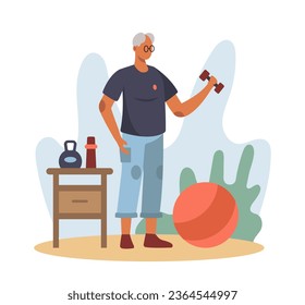 Man holding dumbbells and training in gym. Healthy and active lifestyle for old people concept. Flat vector illustration in cartoon style in blue colors