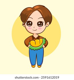 Man holding durian, vector hand drawn