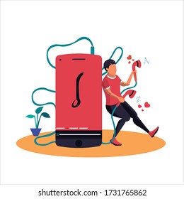 man holding earphone when leaning on a big  phone beside him, vector illustration people with big phone 