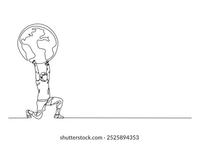Man holding earth continuous one line drawing. Single line art illustration of man carry up the earth ball. Editable vector.