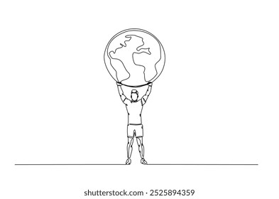 Man holding earth continuous one line drawing. Single line art illustration of man carry up the earth ball. Editable vector.