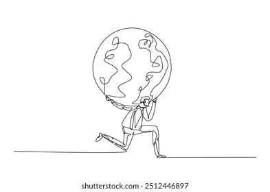 Man holding earth globe continuous one line drawing. Holding globe for save world environment single line art illustration concept. Editable vector.  