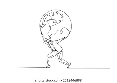 Man holding earth globe continuous one line drawing. Holding globe for save world environment single line art illustration concept. Editable vector.  