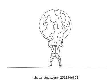 Mann, der die Erdkugel hält, durchgehende einzeilige Zeichnung. Holding Globus für die Welt zu speichern Umwelt Single Line Art Illustration Konzept. Bearbeitbarer Vektor.  