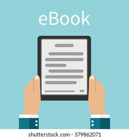 Man holding e-book in hands. Digital book. Reading Electronic book. Online reading.  E-learning concept. Vector illustration. Flat design style