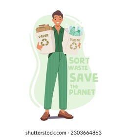 Hombre Llevando Bolsas Ecológicas Con Papel Y Plástico Clasificados, Promoviendo El Reciclaje Y La Conciencia Ambiental. Carácter masculino: Ordenar desechos, Guardar planeta. Ilustración vectorial de personas de caricatura, afiche