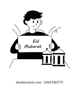 Man holding eid mubarak banner, eid greeting concept illustration