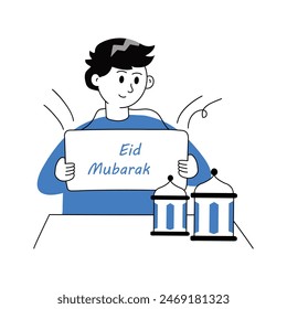 Man holding eid mubarak banner, eid greeting concept illustration
