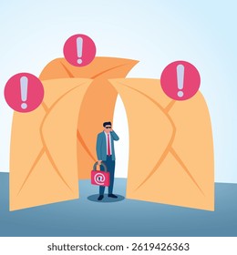 Ein Mann mit einem E-Mail-Vorhängeschloss, umgeben von großen E-Mails. Eine bildliche Darstellung für Spam-Schutz, gefälschte E-Mails und Cybersicherheit.