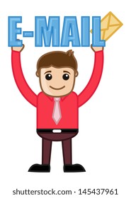 Man Holding an E-mail Text and Envelope - Vector Illustration