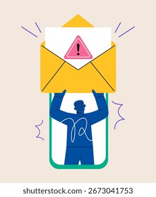 Hombre que sostiene la advertencia del email en la pantalla del smartphone. Concepto de alerta de correo no deseado. Ilustración vectorial colorida