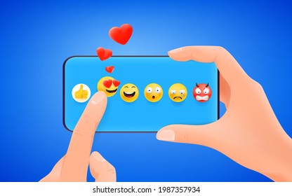 Man holding emoji reaction on smartphone. I love it. 3d cute style vector illustration