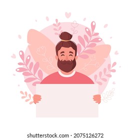 Man holding empty banner. Smiling man with empty placard. Vector illustration