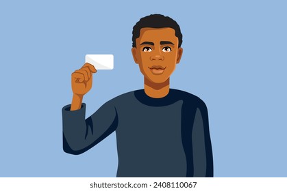 
Man Holding an Empty Blank Card Vector Cartoon Illustration. Smiling guy presenting a blank paper as a mock-up template 
