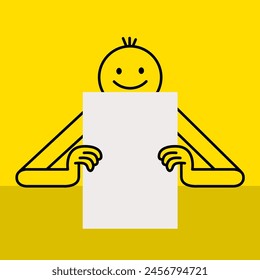 Man holding empty document paper. Black contour line doodle. Businessman people collection. Hands hold clean empty banner template. Minimal line flat design icon. Yellow background Vector illustration