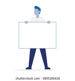 Man holding empty poster. Front view. Color vector illustration