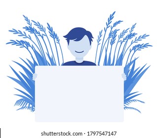 Man holding empty poster on grass background. Smiling guy with white blank natural environment banner for copy space, eco garden decor for healthy lifestyle. Vector creative stylized illustration