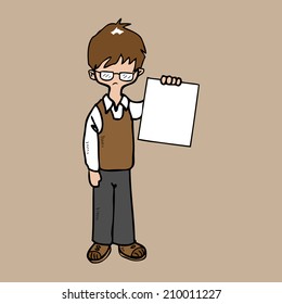 Man holding empty sheet unconfident cartoon