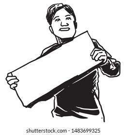 man holding empty text insert able board line art sketch style