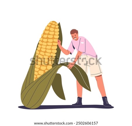 Man Holding An Enormous Corn Cob, Creating Humorous And Unique Visual. Cartoon Vector Illustration