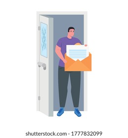 Hombre sujetando el sobre en el diseño de la puerta, mensaje de correo electrónico y letra Tema del vector Ilustración del vector
