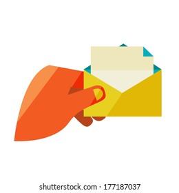 Man holding an envelope with a letter. Flat design modern vector illustration stylish colors of hand holding a business card 