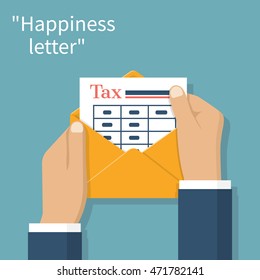 Man holding an envelope with letter with the form of payment of taxes. Official government documents obtained by mail. Vector illustration flat design style. Metaphor letter Happiness.