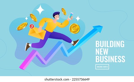 Hombre sujetando el sobre corriendo sobre el gráfico. El concepto de negocio es muy ocupado hombre. enviar y recibir mensajes de correo electrónico. marketing por correo electrónico. Ilustración vectorial.