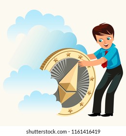 Man holding ether golden coin flat poster