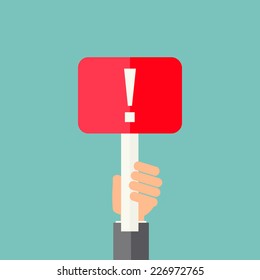 Man Holding Exclamation Mark. Attention Sign Icon. Hazard Warning Symbol, Vector Illustration 