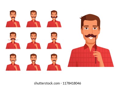 Man holding a fake mustache on a stick Vector. Cartoon. Isolated art on white background. Flat