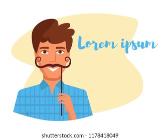 Man holding a fake mustache on a stick Vector. Cartoon. Isolated art on white background. Flat